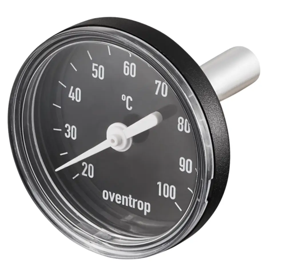 Zeigerthermometer mit schwarzem Ziffernblatt, weißen Skalen und einer Temperaturanzeige bis 100 °C. Marke Oventrop.